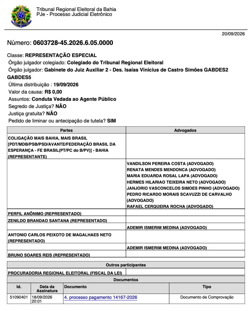 Imagem de ACM Neto e Bruno Reis têm cinco dias para explicar ao TRE-BA pagamento da Prefeitura de Salvador a perfis de fofoca que atacam Jerônimo