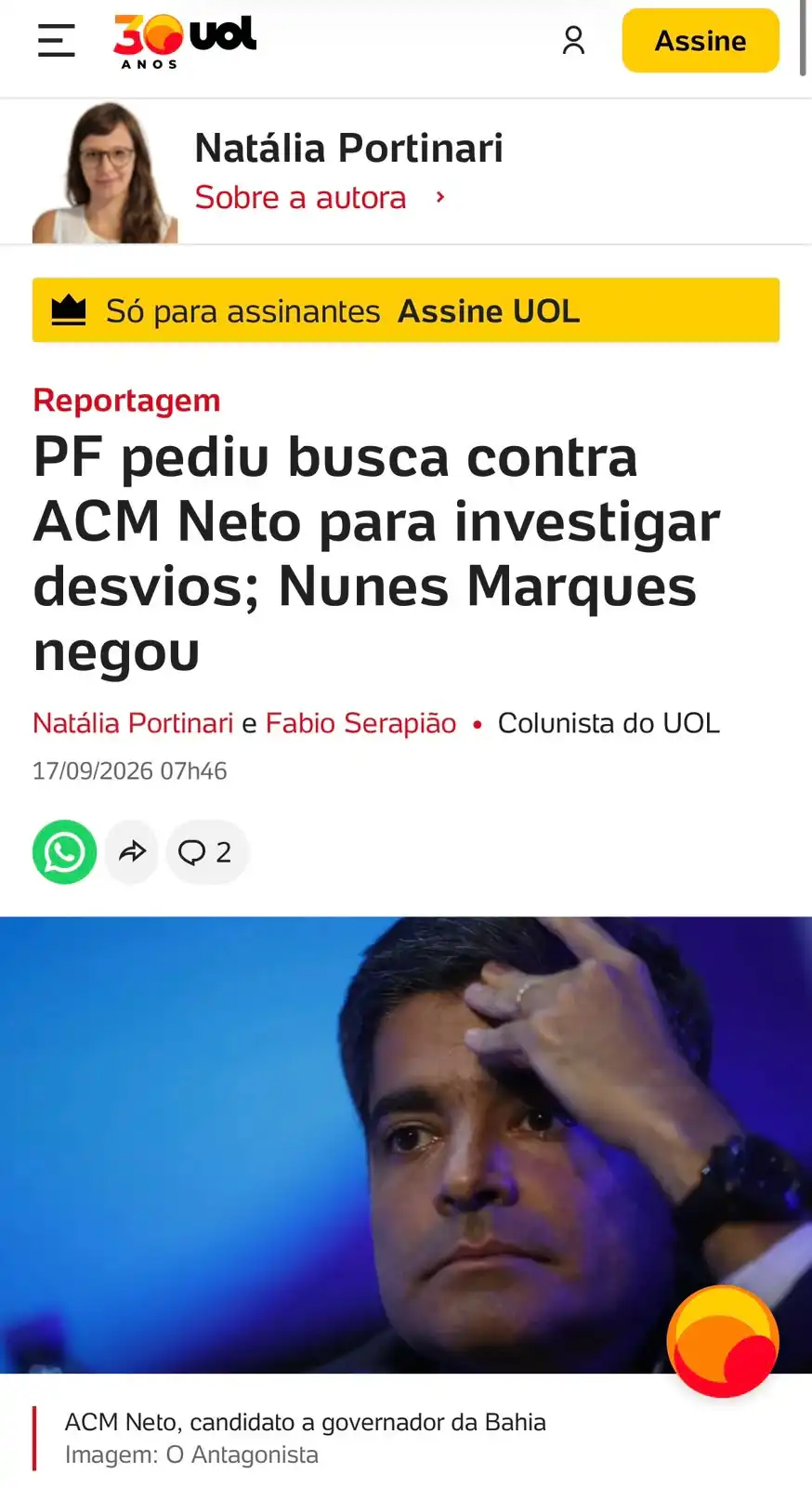 Imagem de PF pediu busca contra ACM Neto na Overclean, mas Nunes Marques, indicado por Bolsonaro, negou medida