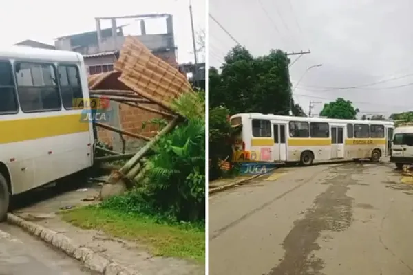 Imagem de Ônibus escolar destrói ponto de parada após acidente em Simões Filho