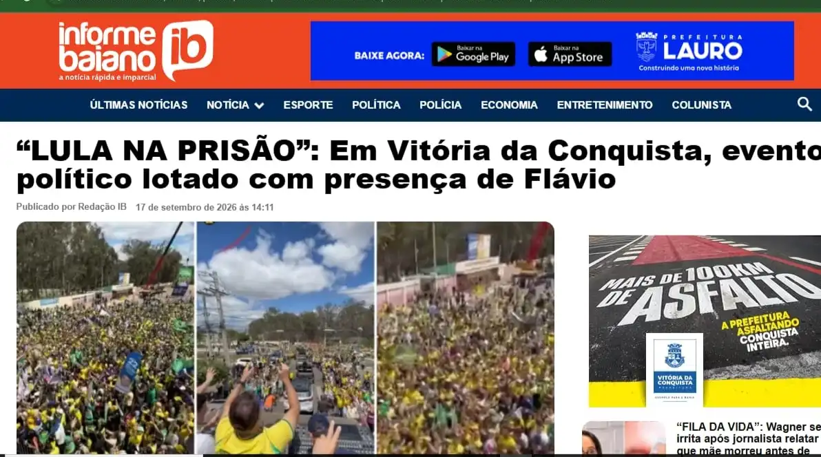 Imagem de Site ligado a campanha de ACM Neto estampa a manchete “LULA NA PRISÃO”, com foto de Flávio Bolsonaro em Vitória da Conquista
