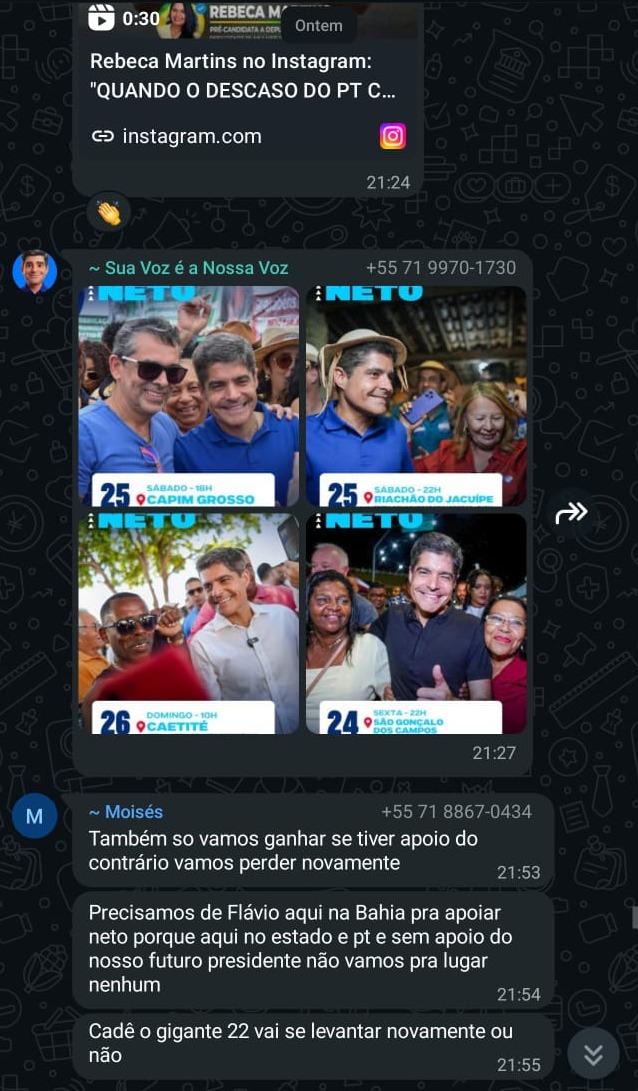 Imagem de Grupo oficial de ACM Neto divulga Flávio Bolsonaro e cobra apoio do “capitão”